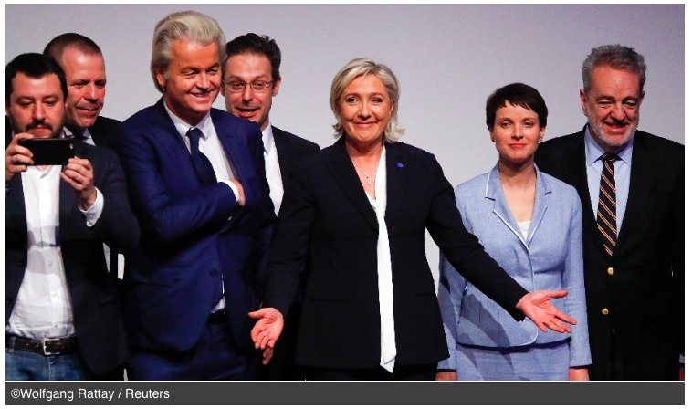 （中央：フランスの極右政党・国民戦線のルペン党首）（左：オランダの極右政党・自由党のウィルダース党首）（右の女性：反難民を掲げるドイツの新興