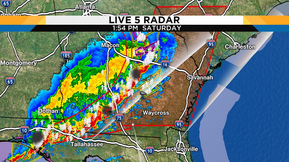 wjxt4's tweet photo. Tornado watch covers interior Georgia until 7 pm. Potential for 1.5' hail also possible. https://t.co/ucz88A29Zd