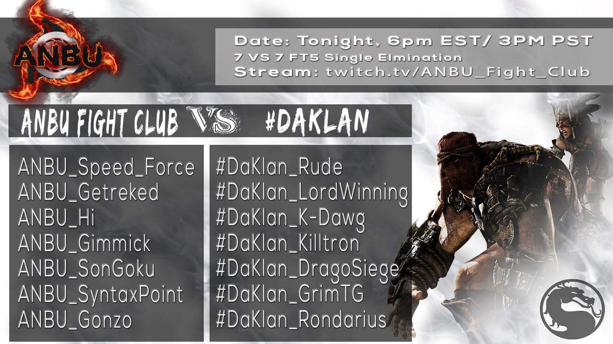 bigjgleez's tweet photo. Awesome #MKX clan war tonight. ANBU vs #DaKlan. Check it out at 6 pm est: https://t.co/UpSKHGu1Ch https://t.co/hhsjcwt6BH