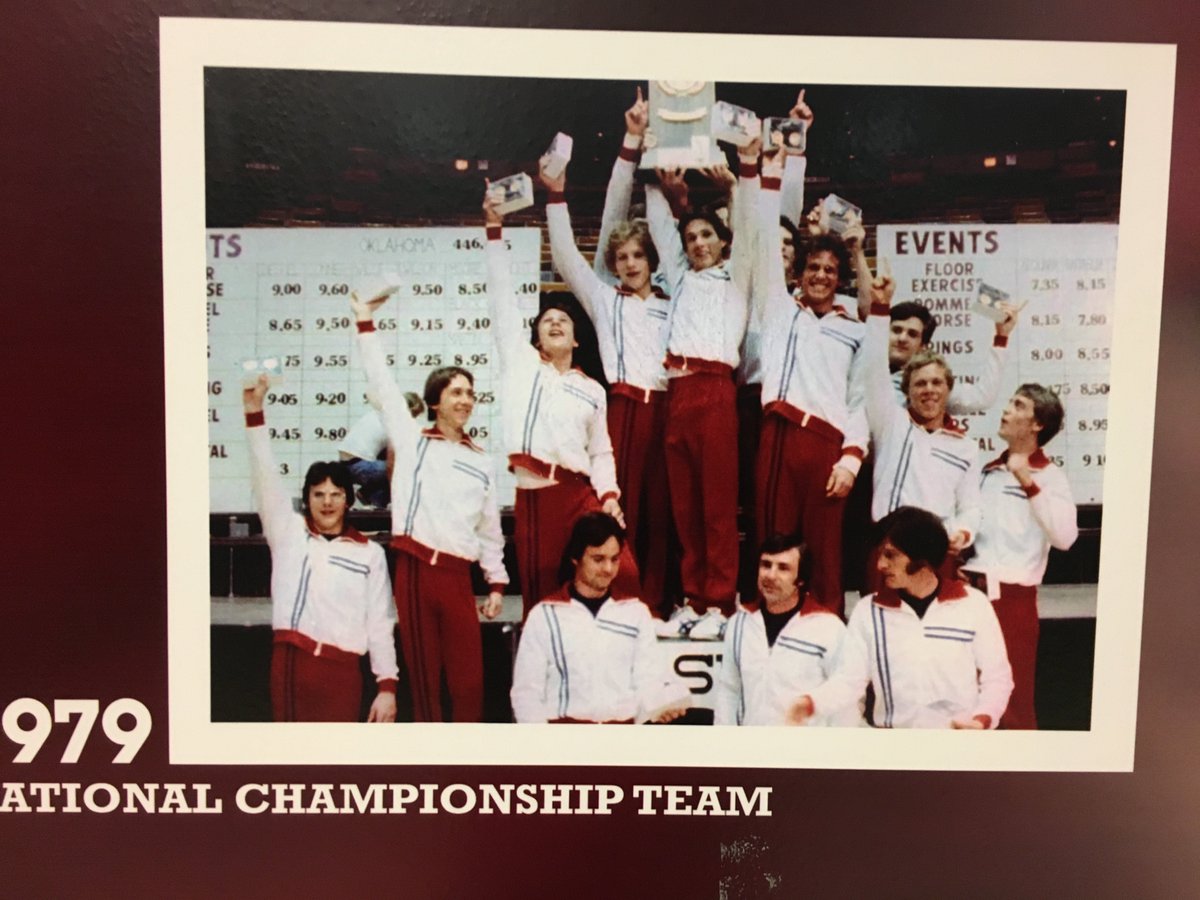 wellsgymn's tweet photo. On opposite sides tonight, but once upon a time 3 of us old coaches-me, Chmelka, Hartung-were all on same National Champ team #DevaneyCenter https://t.co/rbbBI3fwsE