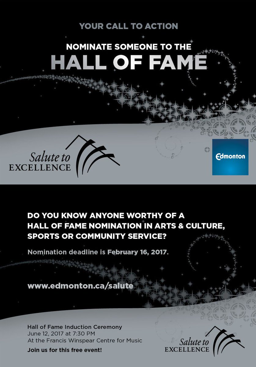 Nominate someone for <a href="/CityofEdmonton/">City of Edmonton</a> Halls of Fame in Arts &amp; Culture, Sports, &amp; Community Service #yeg #yegarts edmonton.ca/programs_servi…