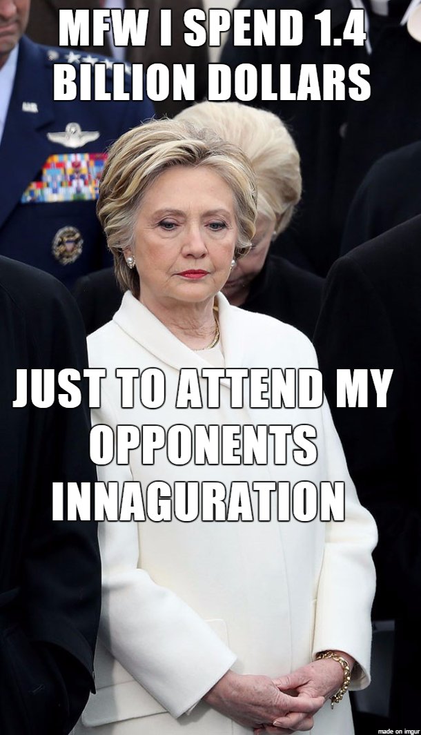 Cwtkns's tweet photo. Political Campaign: $1.4 Billion
New Pantsuit: $12,000
Attending your opponent's Inauguration while facing prison time: PRICELESS!!! https://t.co/m5h4lgq78r