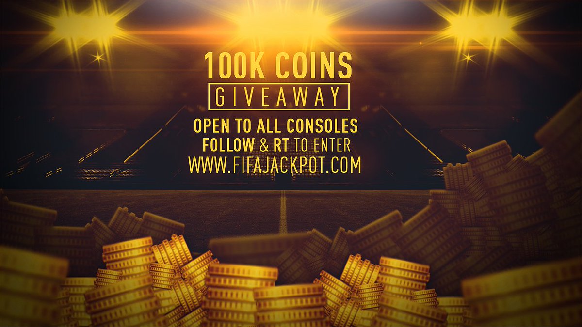FIFAJackpot's tweet photo. FIFAJACKPOT GIVEAWAY
100K FIFA COINS
OPEN TO ALL CONSOLES
FOLLOW &amp; RT TO ENTER!
2 WINNERS ANNOUNCED SUNDAY EVENING https://t.co/psAwXnRKDK