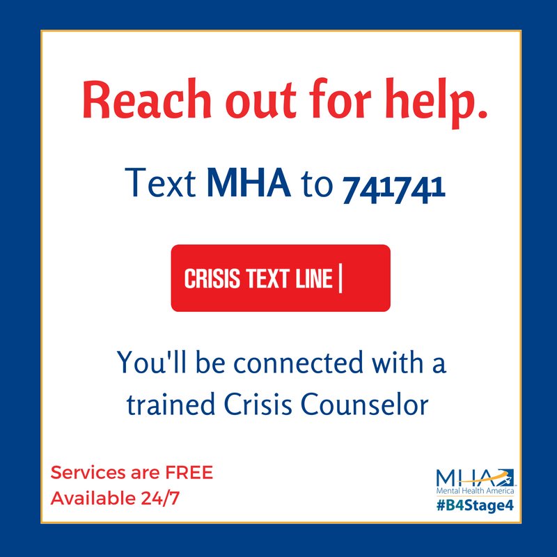 MentalHealthAm's tweet photo. Don't be afraid to ask for help! If you are feeling in crisis, text "MHA" to 741-741 to speak to a trained counselor. You're not alone. https://t.co/S3sDrugXId