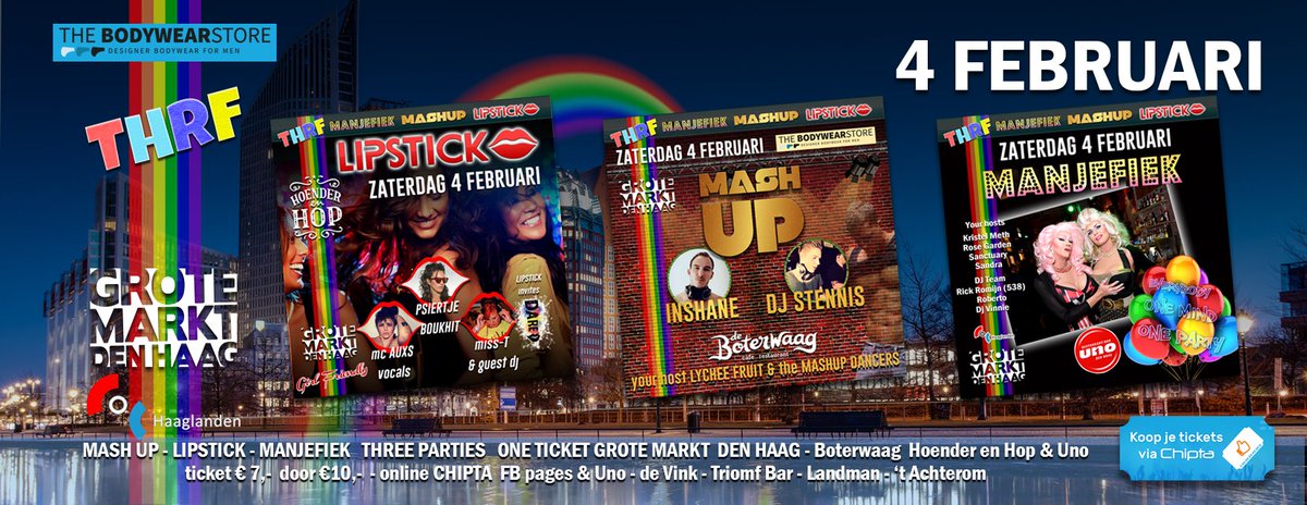 TheHaguePride's tweet photo. @THRF_GM  organiseert weer 3 feesten  @GroteMarkt 
Zaterdag 4 februari! Deze mag je niet missen!
#Lipstick #Mashup #Manjefiek https://t.co/4GGjAVtvgm
