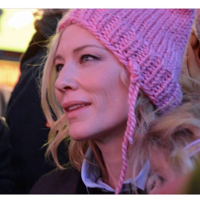 McDGG's tweet image. Cate Blanchett wearing the #pussyhat I made for her at Broadway&apos;s #ghostlightproject Talented and beautiful inside and out #WomensMarch 💗😻