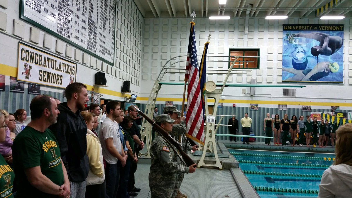 UVMROTC's tweet photo. UVM ARMY ROTC presents the Colors in support of the Catamount Swim Team! The Cadets are on a quest to present the Colors for each team https://t.co/SegOaxTNFQ