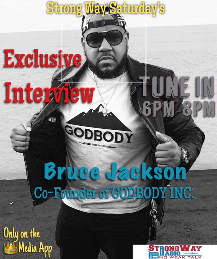 StrongWDigital's tweet photo. Tune in today a interview with Bruce Jackson of @GodBodyinc #strongwaysaturdays #strongwayradio 💪🏿💪🏿 https://t.co/Rn183ecBbP