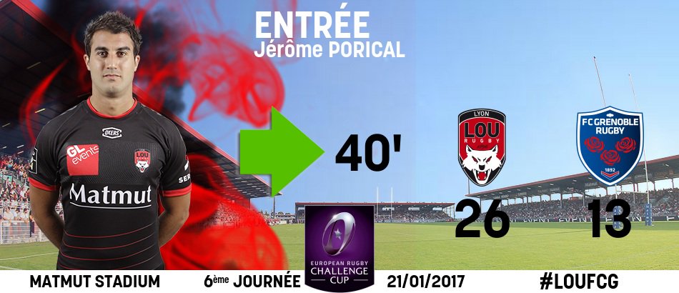 LeLOURugby's tweet photo. 40' : 26 - 13  | #EPCR #TEAMLOU  Entrée en jeu de #PORICAL #LOUFCG https://t.co/NnqKdq1Pnp