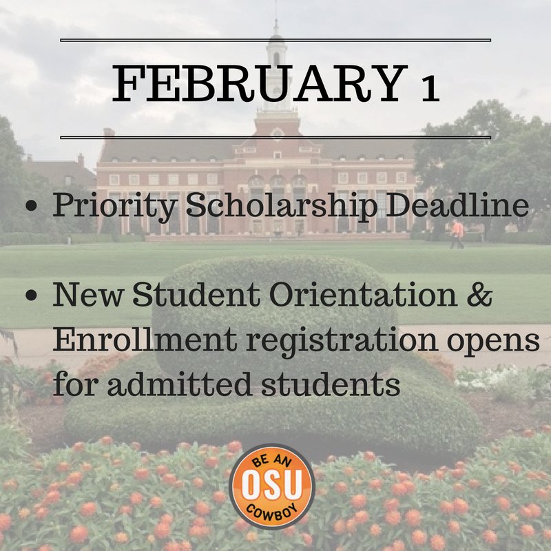 BeAnOSUCowboy's tweet photo. ATTN SENIORS: Two important dates are quickly approaching! Be sure to apply by Feb. 1 to be fully considered for scholarships. #SeniorDay17 https://t.co/k7ryJGiUn5
