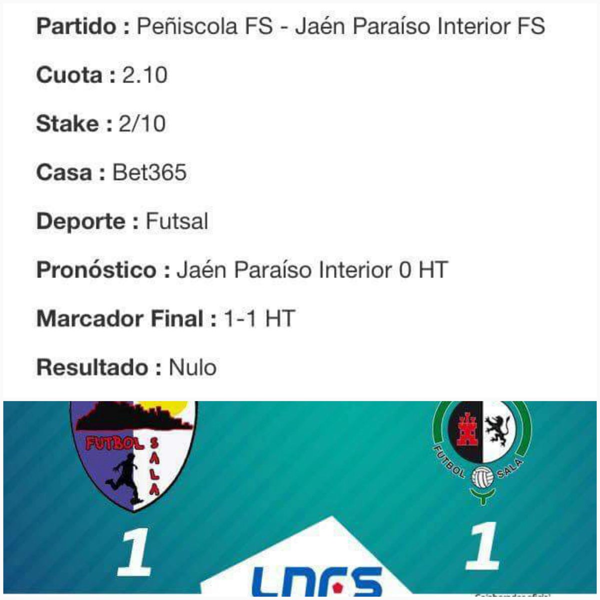 Empezamos un fin de semana de futsal con pick nulo de <a href="/MiguelRincon15/">Miguel RL</a>
No perdemos y nos preparamos para los 2 siguientes q van a ser verdes.