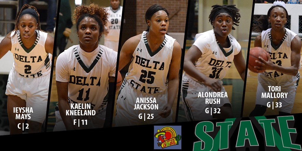 DeltaStateWBB's tweet photo. Here are your Lady 🎩 starters for this afternoon's contest against @WestFloridaWBB! #DSUHoops #Unmatched https://t.co/m4fl9uQOhr