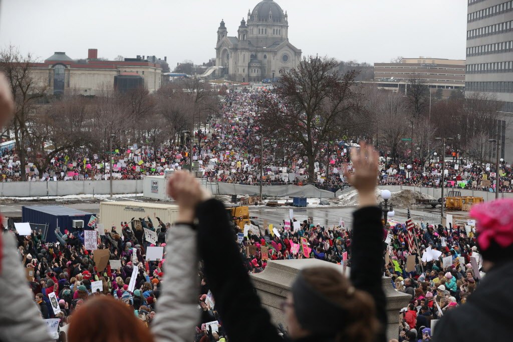 Update: 60,000 strong, the #WomensMarchMN packed the Capitol grounds in St. Paul. strib.mn/2iX4YuQ