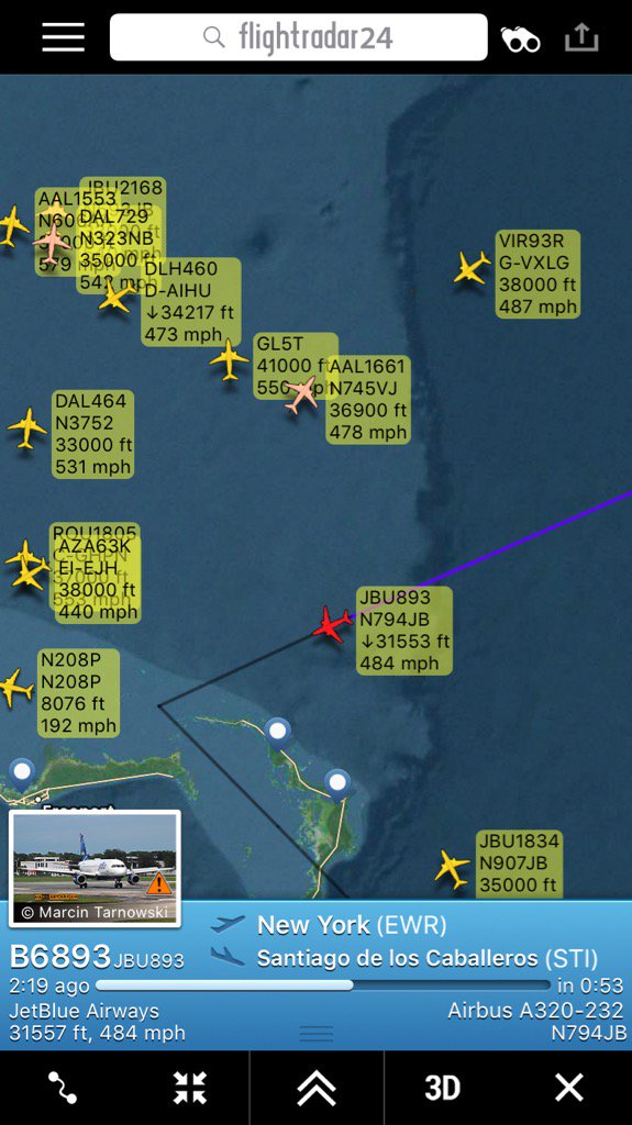 flightmayday's tweet photo. Flight #B6893 from New York to Santiago de los Caballeros has declared an emergency #squawk7700 https://t.co/wTYacRkvOH