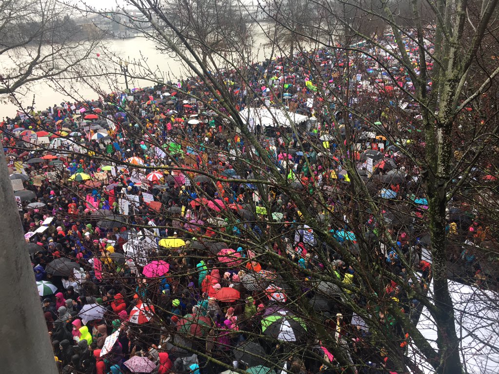 JustPDXThings's tweet photo. From both sides of the Morrison Bridge: #WomensMarchPDX https://t.co/klOVBjjZOD