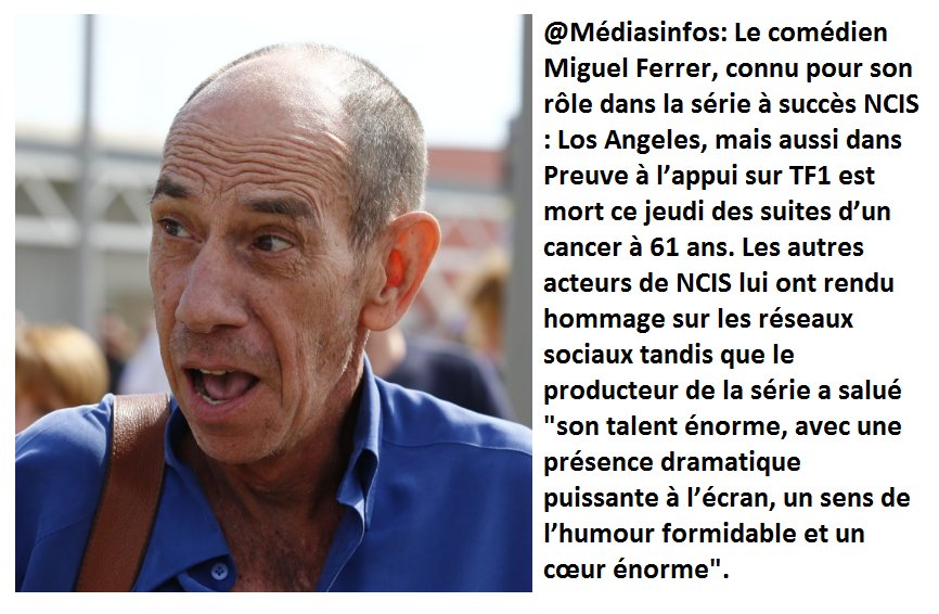 Mediasinfos's tweet photo. Le comédien #MiguelFerrer de la série #NCISLosAngeles et
#PreuveALappui est décédé cette semaine à 61 ans... https://t.co/BdX1nNLBWO
