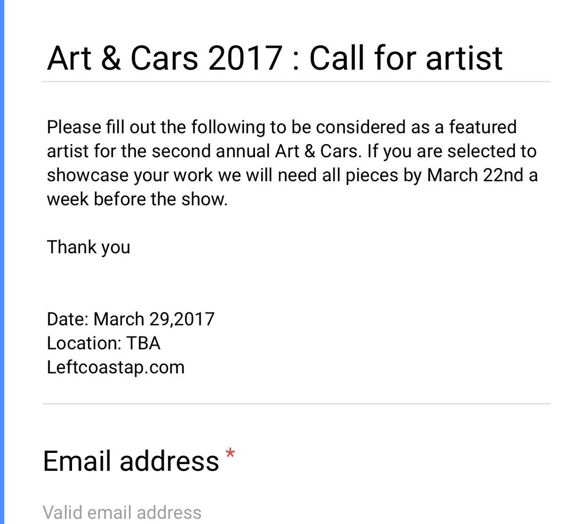 lostnlongbeach's tweet photo. CALL FOR ARTIST : Art &amp; Cars 2017 

Please fill out form if interested in showcasing work 

 https://t.co/Q40WknKtXH https://t.co/AAnXzACMoi