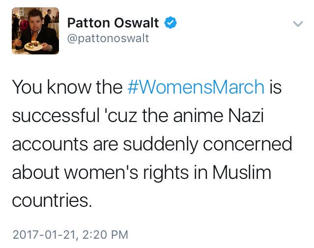 PrisonPlanet's tweet photo. Hey @pattonoswalt - are people like @Saudi_Feminist_ who criticize #WomensMarch all "Nazis" too?

Your virtue signaling is insipid. https://t.co/ncHjt3sYv5