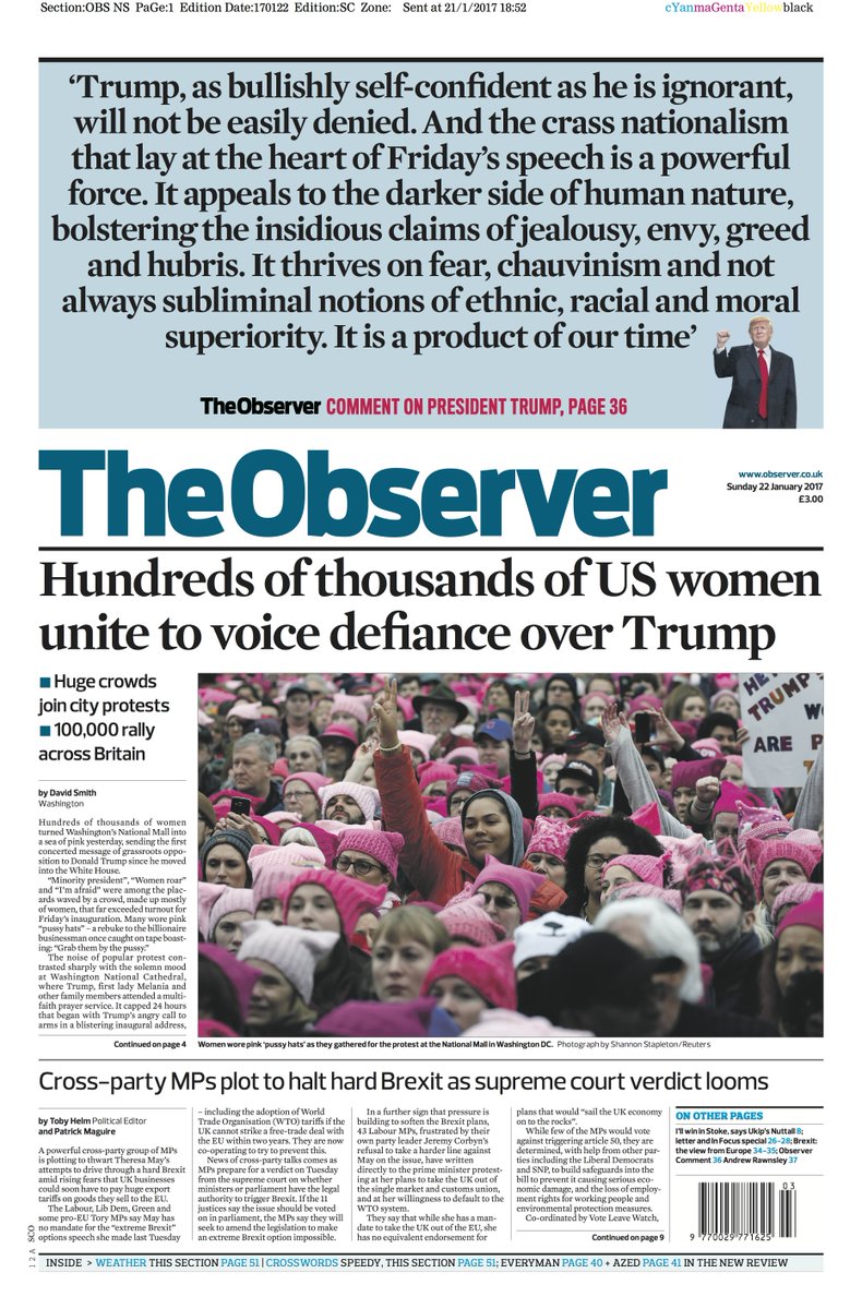 Observer front page, Sunday 22 January 2017: Hundreds of thousands of US women unite to voice defiance over Trump