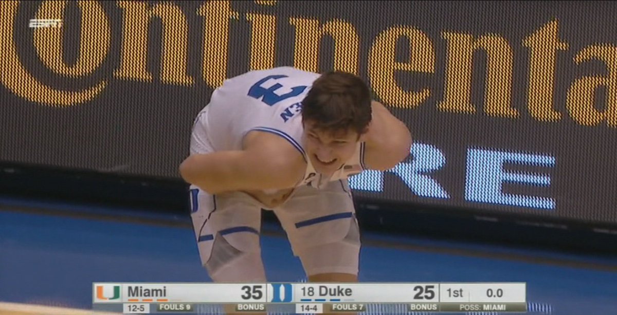 Canes fall apart in ugly second half against Duke; Grayson Allen dislocates pinkie. bit.ly/2jahECd https://t.co/Q6GYJuYzmH