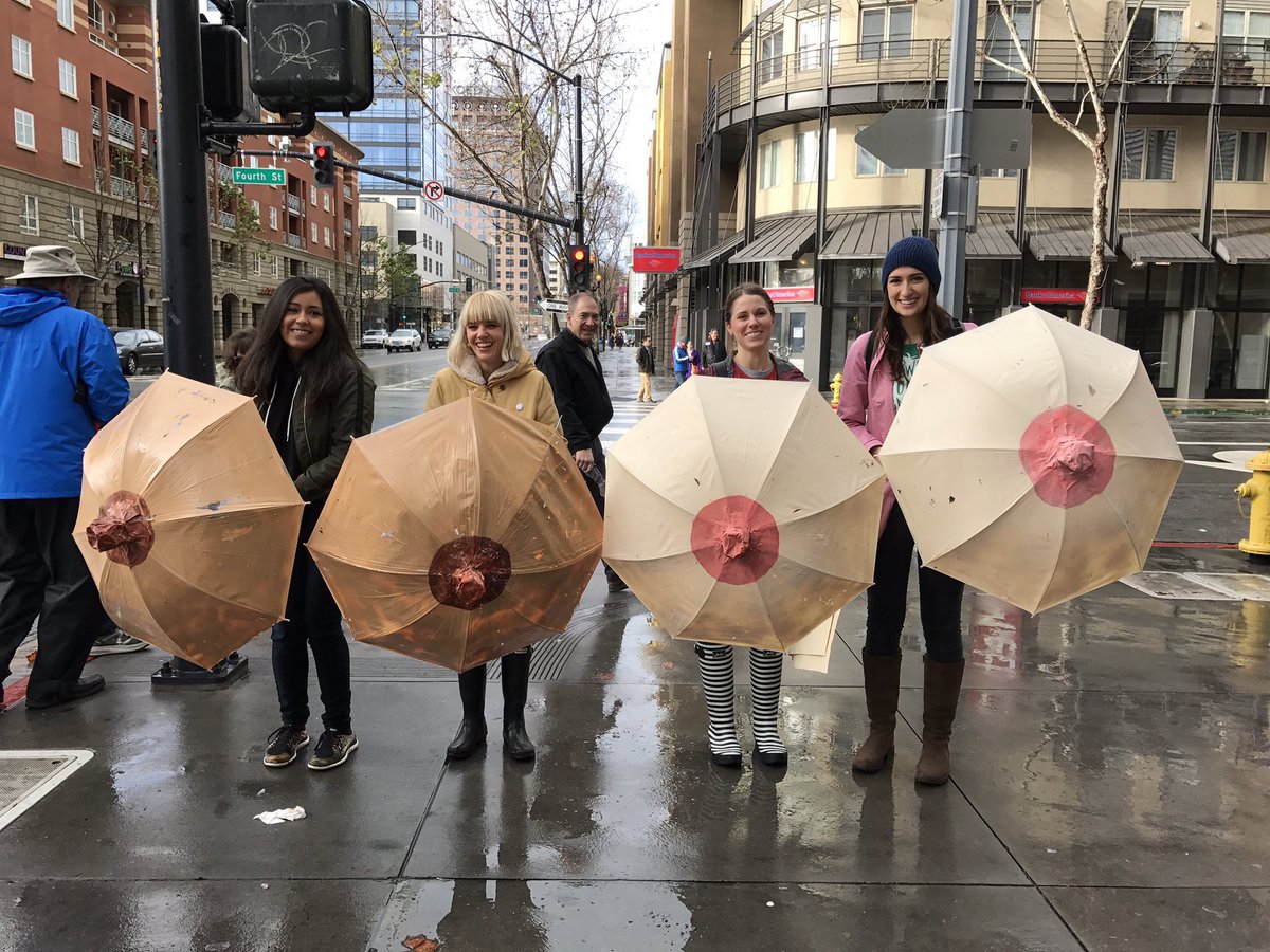 "Stop objectifying us! Wanna see our nipple umbrellas?"