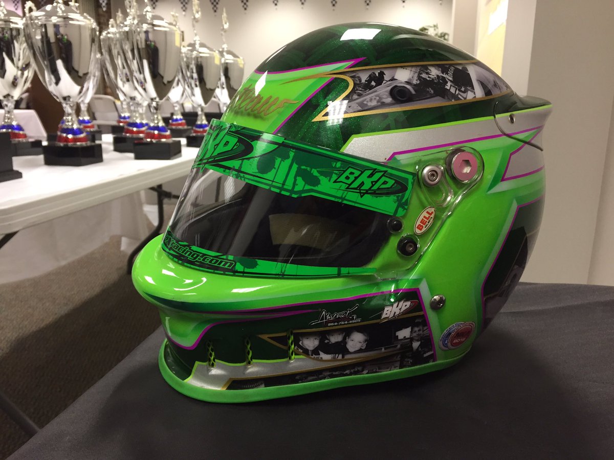 PRNAtTheTrack's tweet photo. Helmet painter @BKPART based in Easley, SC presenting one of their awesome creations tonight @GP_Speedway banquet. @NASCARHomeTrack https://t.co/8396Q6Geld