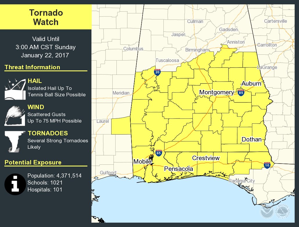 NWSTallahassee's tweet photo. A tornado watch has been issued for parts of Alabama, Florida and Mississippi until 3 AM CST https://t.co/VHasYzngkB