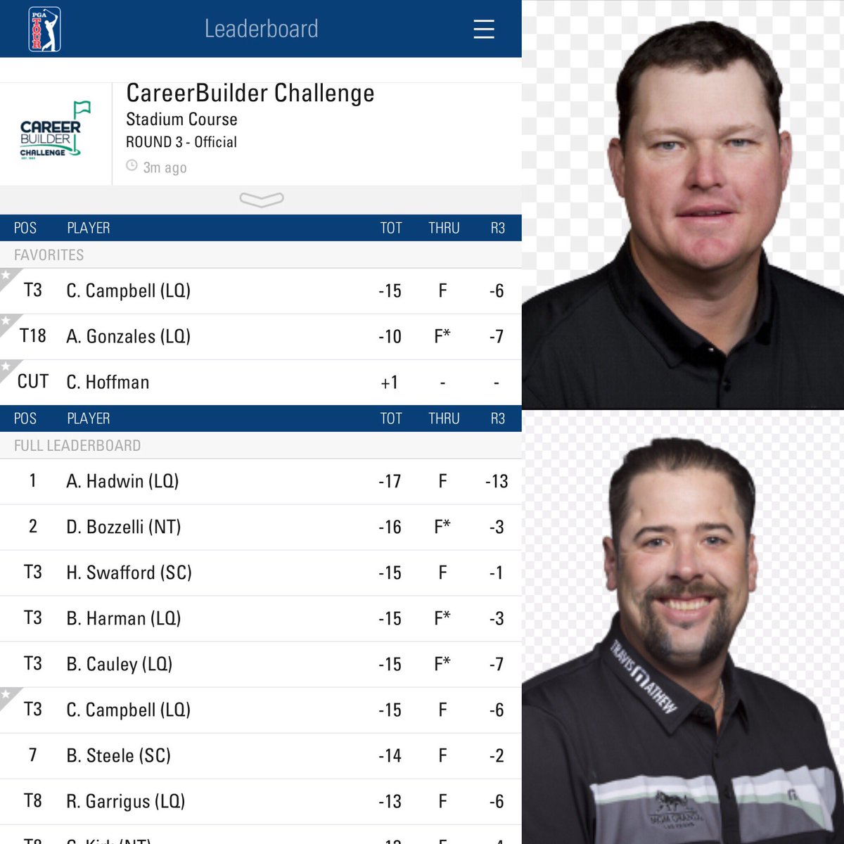 UNLVGolf's tweet photo. Moving up the leaderboard with rounds of -6 for Chad Campbell and -7 for @Andres_Gonzales #RebsOnTour @pgatour https://t.co/N3tDtwbdYP