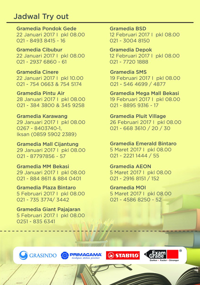 grasindo_id's tweet photo. Berikut jadwal #tryoutsmartsolution #SobatGrasindo . Catat waktu dan tempatnya ya! Segera daftar di toko Gramedia pelaksana TryOut https://t.co/pVGjLFEM7P