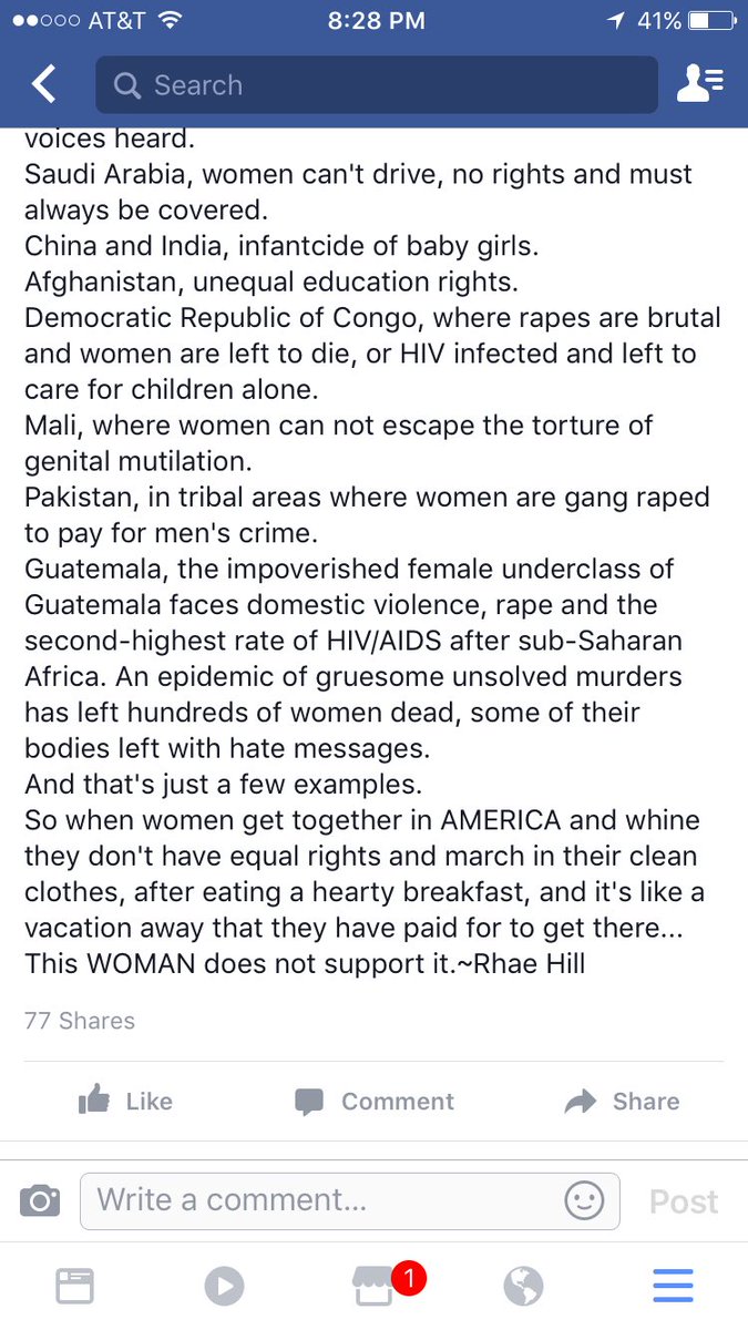 chrissyraem's tweet photo. If you are a woman and support the #WomensMarch, PLEASE tell me how you have it so bad living in this country. I'd really like to know. https://t.co/NIqDhAKmCg