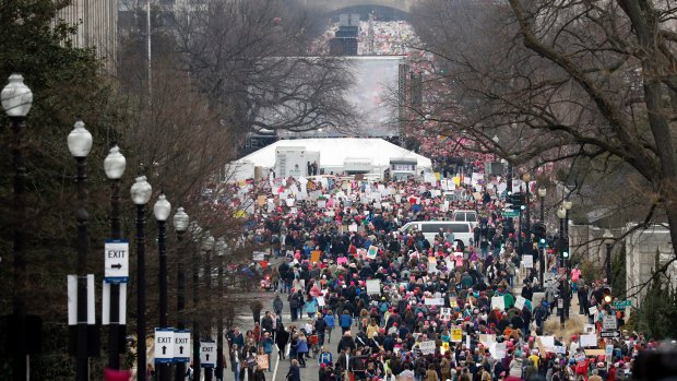 CBCNews's tweet photo. Trump overstates inauguration turnout as Women's March appears to see bigger crowd https://t.co/uLiVQ9D6jN https://t.co/V3dOdSLnS7