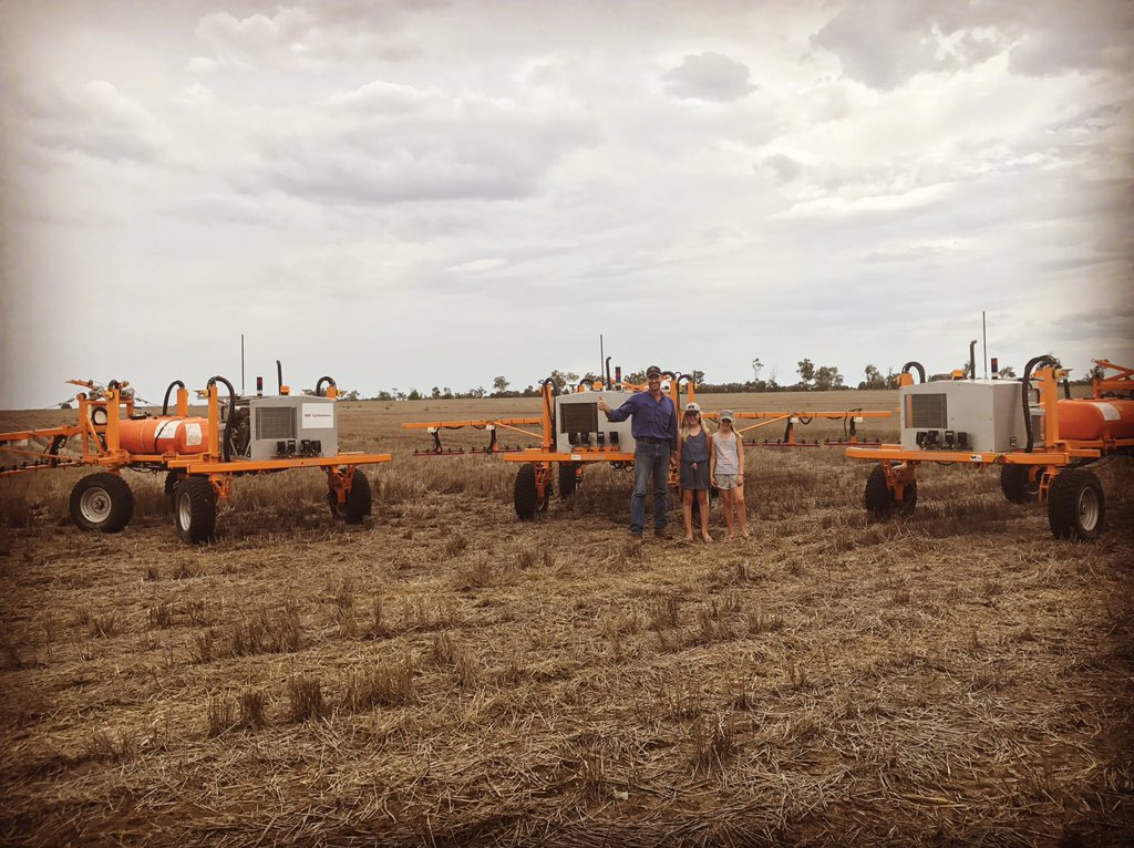 SwarmFarm's tweet photo. 4 Robots = 1 Happy Farmer #SwarmBot3 commercial weed spraying in Central Qld #WhoWantsOne #Agchatoz https://t.co/0vKQ3ZoRhu