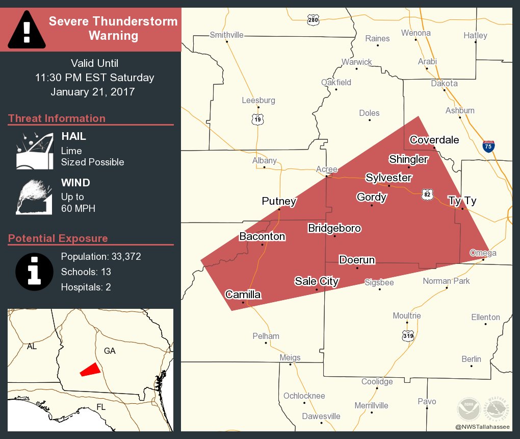 ⚠️ Take Cover! Severe Thunderstorm Warning including Sylvester GA, Camilla GA, Putney GA until 11:30 PM EST