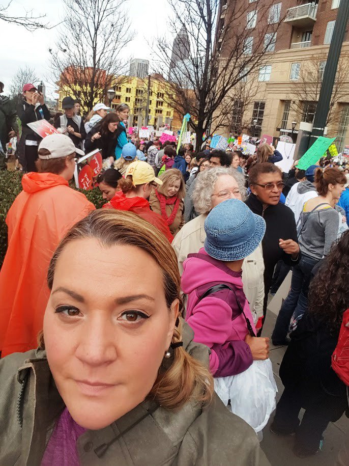 RockStarREATL's tweet photo. This is #whyIMarch I am a woman married to a native American type 1 diabetic transwoman. Get your tiny hands off my rights #WomensMarch ATL https://t.co/MU2NKZvsGX
