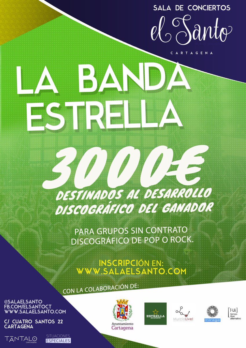 Ultima semana para inscribirte a el concurso de La Banda Estrella. Ya van mas de 30 bandas inscritas! Con el apoyo de <a href="/AytoCartagenaES/">Ayuntamiento de Cartagena</a>