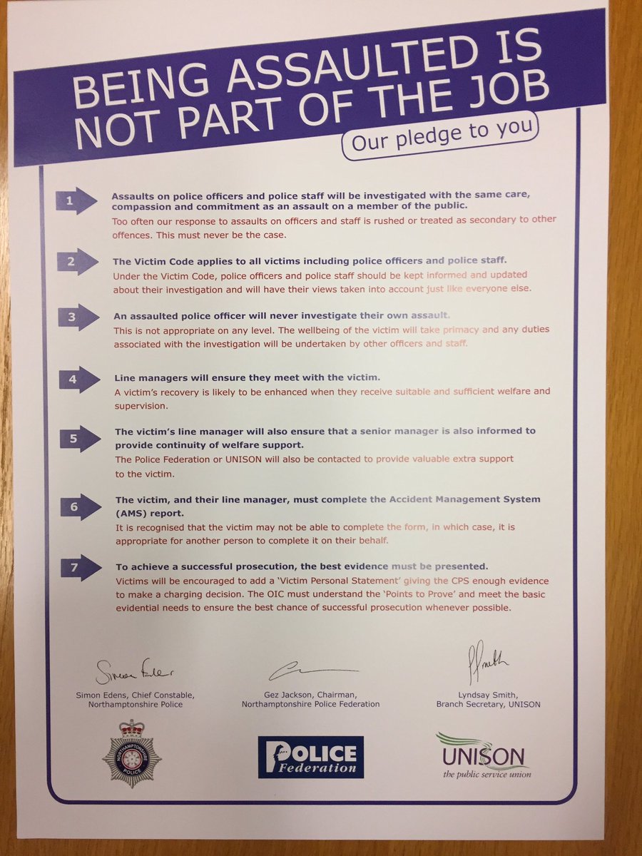 NorPolCCArchive's tweet photo. We @NorthantsPolice @unisonnorpol and @NorthantsPolFed pledge to support officers & staff who are assaulted in the line of duty. #ourpeople https://t.co/7vrTlUUeBX