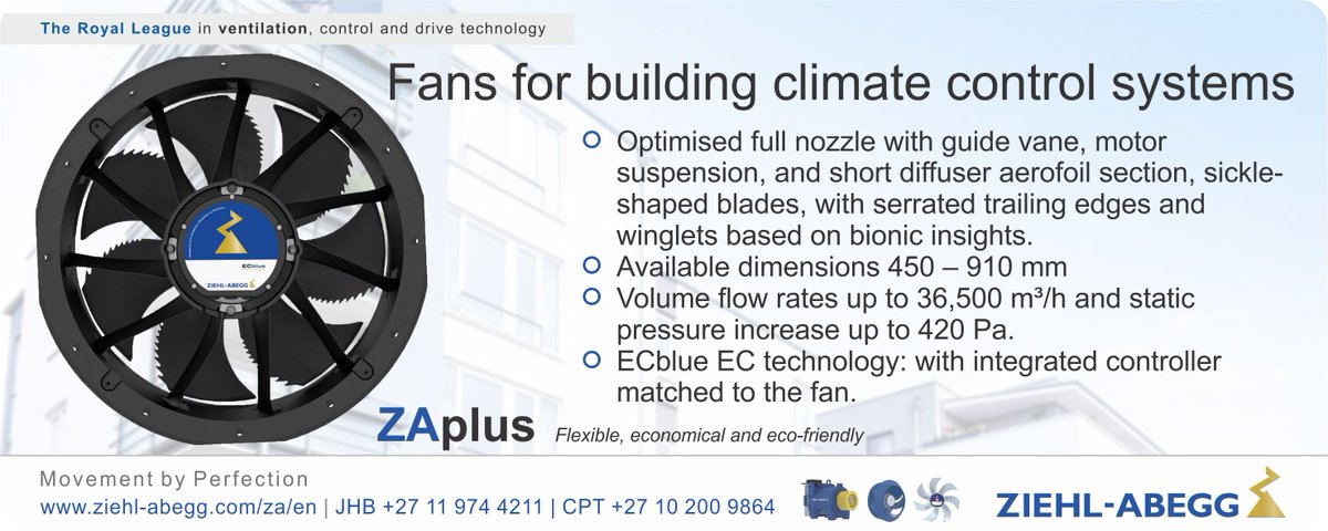 ZiehlAbeggSA's tweet photo. PRODUCT FOCUS {ZAplus}
Fans for ventilation systems
#ZiehlAbegg #ZielhAbeggSA #VentilationSystems #Fans #Zaplus #AxialFans #cirobertson https://t.co/krtmvClFaL