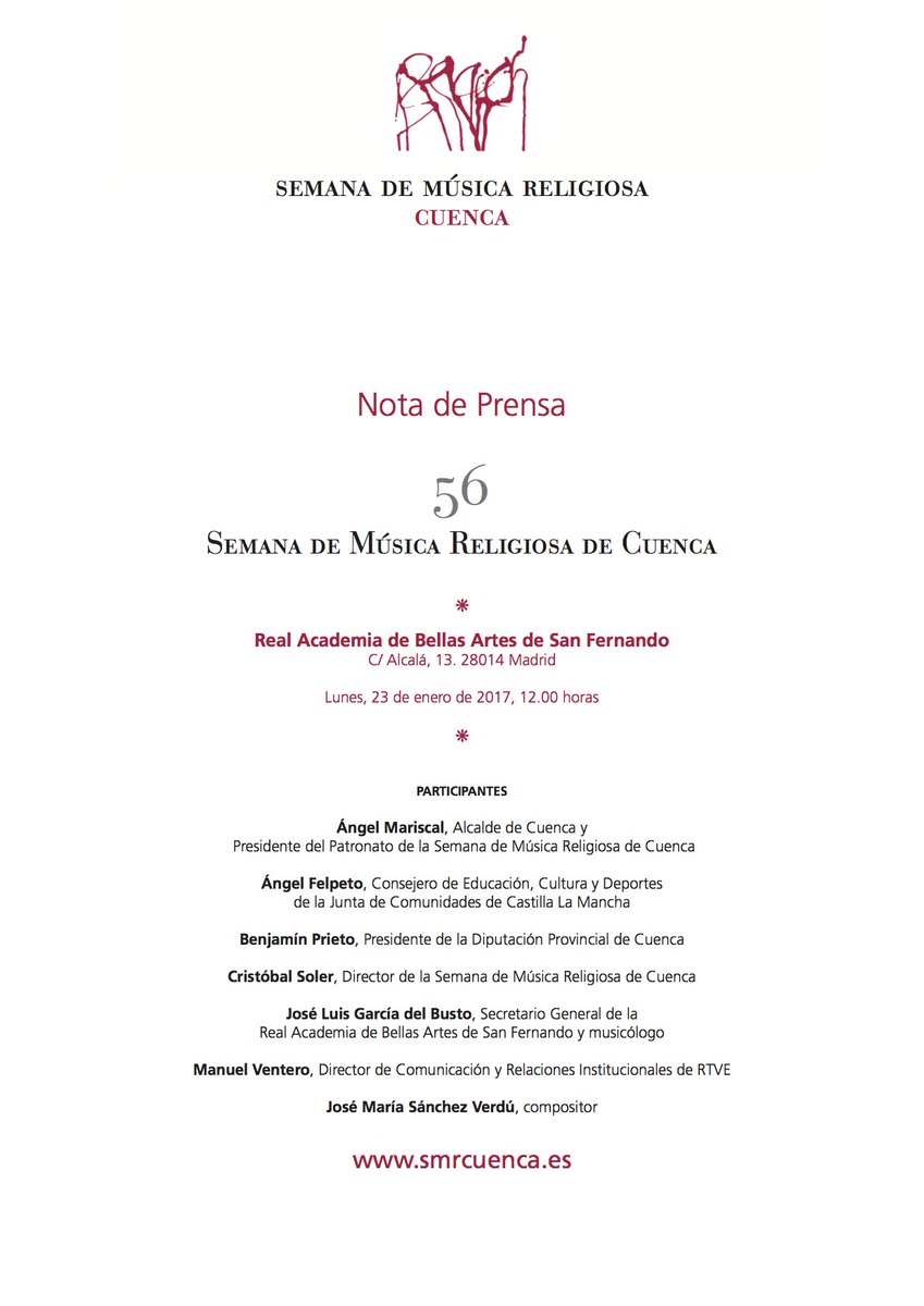 Mañana lunes día 23 de enero el Festival Internacional de la SMR (Semana de Música Religiosa de Cuenca) presentará la Programación 2017