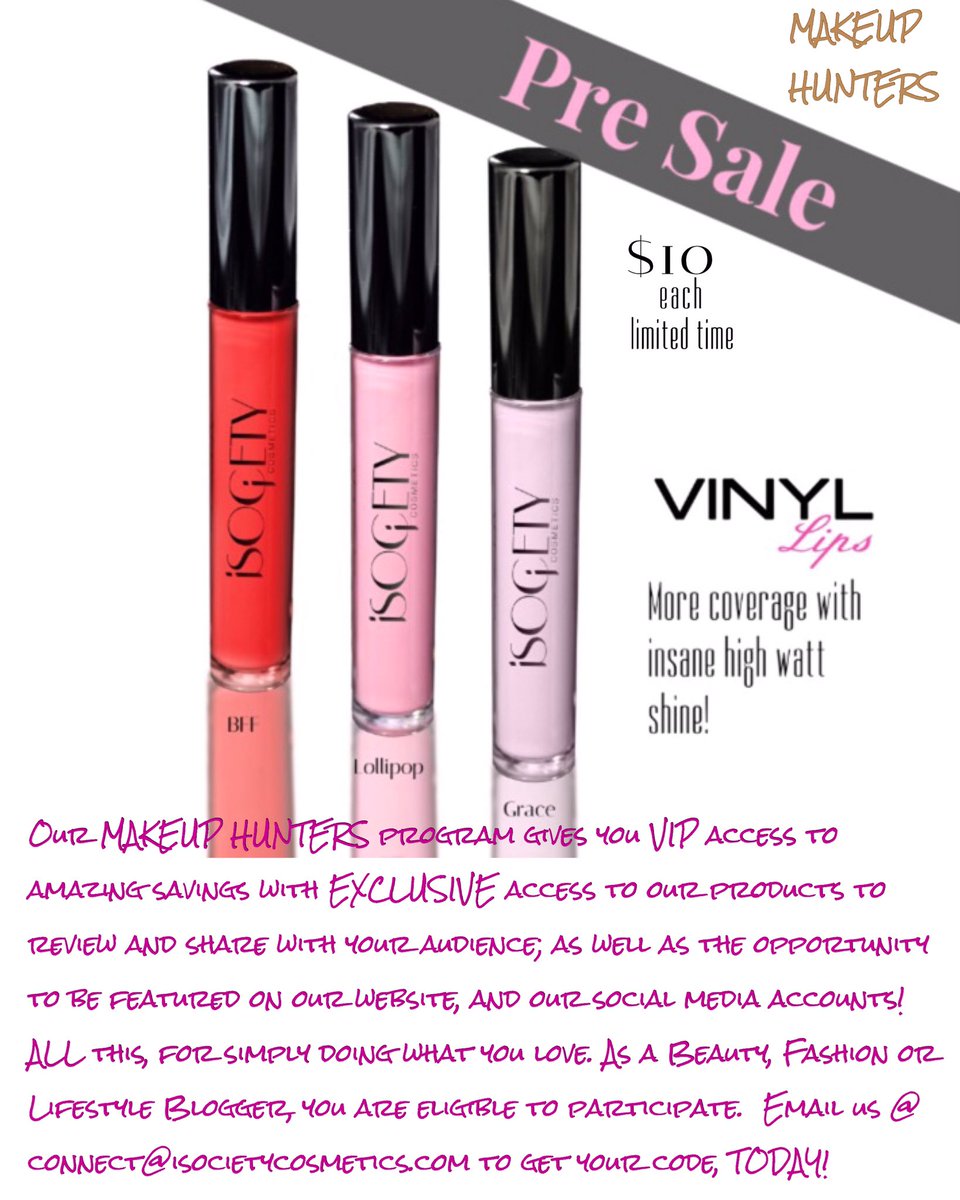 IsocietyISC's tweet photo. New #MAKEUPHUNTERS Promo‼️Signup today, for the PRE #SALE of our #NEW VINYL #LIPS at the #special price of $10/each #MOTD #iSOCiETYCOSMETICS https://t.co/DeRf0lw5JX