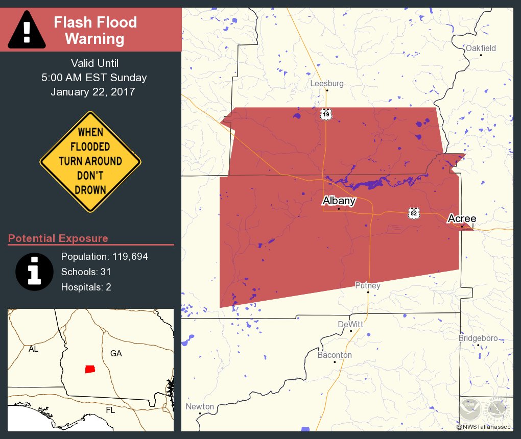 ⚠️ Move to higher ground! Flash Flood Warning continues for Albany GA, Acree GA until 5:00 AM EST