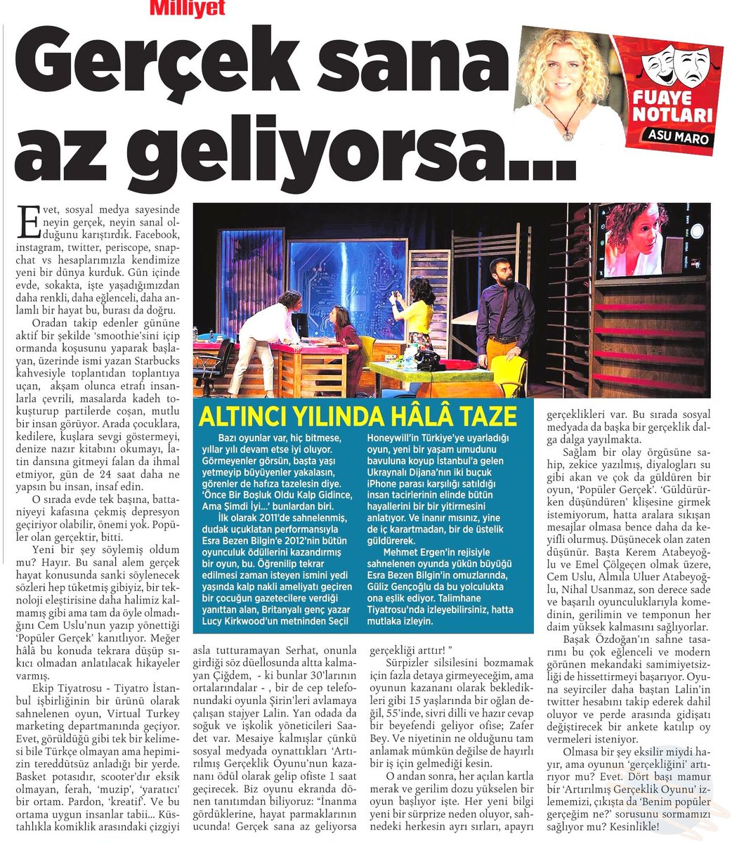 Sayın Asu Maro'nun oyunumuz #PopülerGerçek hakkında Milliyet Gazetesi'nde yayınlanan yazısı: milliyet.com.tr/gercek-sana-az…
Teşekkür ederiz.