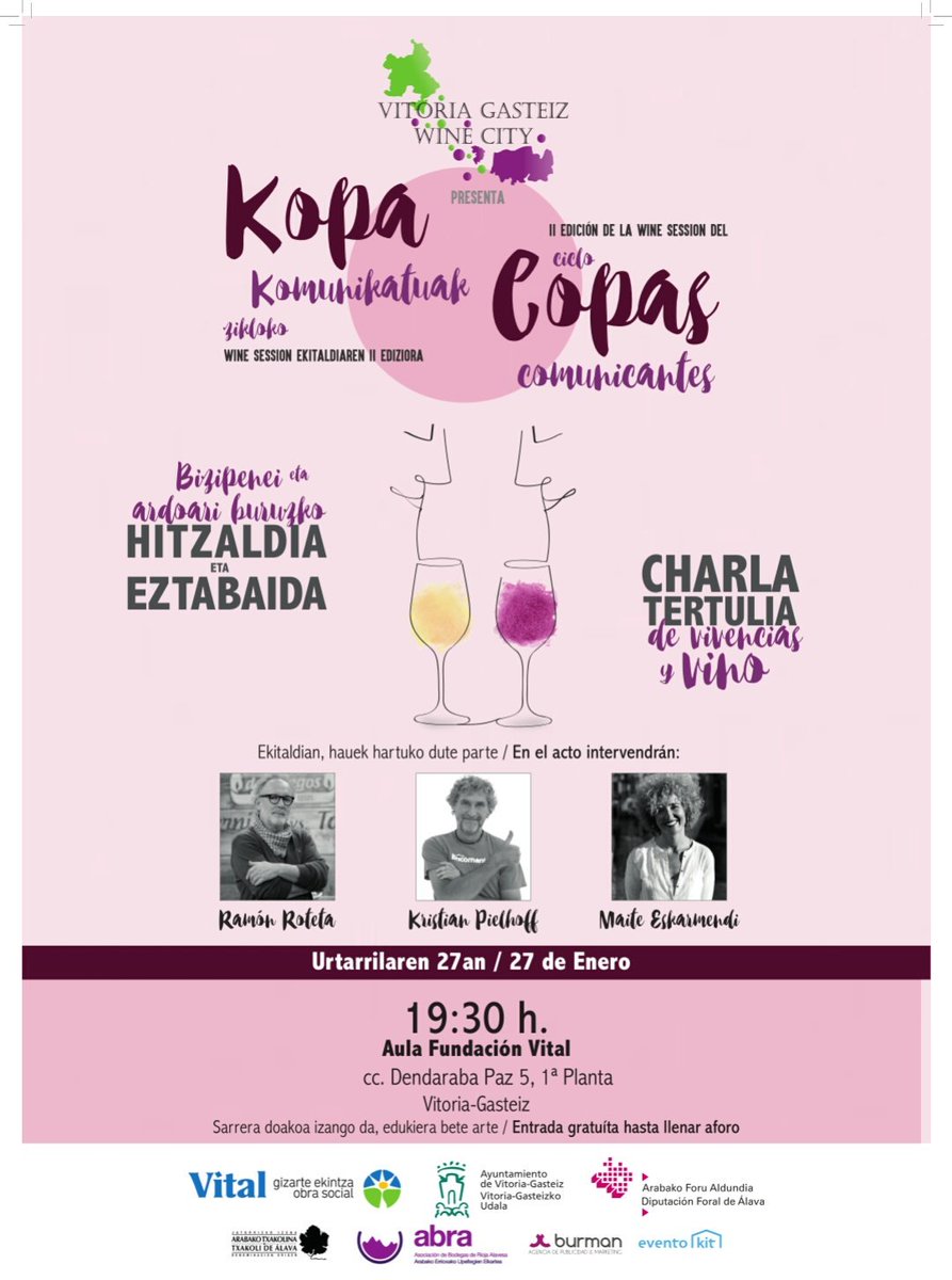 vitoriawinecity's tweet photo. Ya está aquí la II #Wine Session - #Tertulia 💬 con Ramon #Roteta, Kristian #Pielhoff y Maite #Eskarmendi 🍷 Haz RT y comparte. Te esperamos!! https://t.co/P6shqySzMv