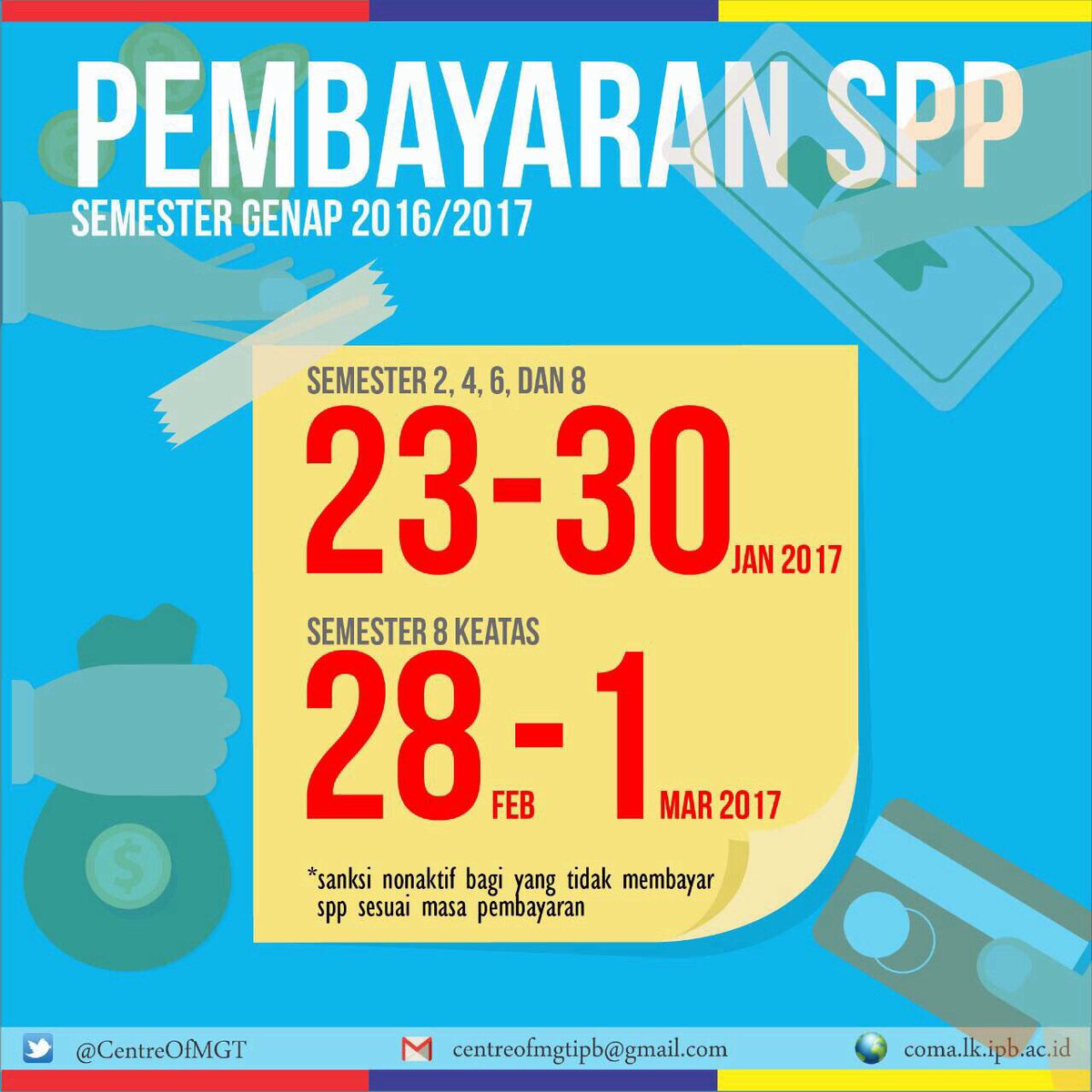 [PEMBAYARAN UKT SEMESTER GENAP]

Halo The Managers!
Yang lagi pada asik liburan. 
Kuy bayar UKT Semester genap pada tanggal 23 s/d 30 Januar