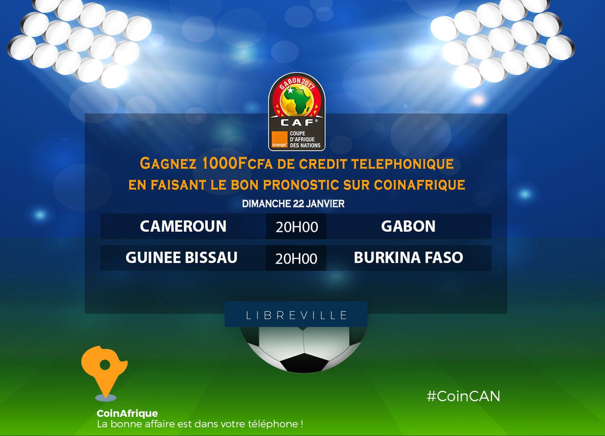 CoinAfrique's tweet photo. Vous avez des pronos pour les matchs de ce soir?1000f de crédit téléphonique à gagner https://t.co/yI3XzbNkOt
#CoinAfrique #CoinCan #Can2017 https://t.co/ISPOmUrNgP