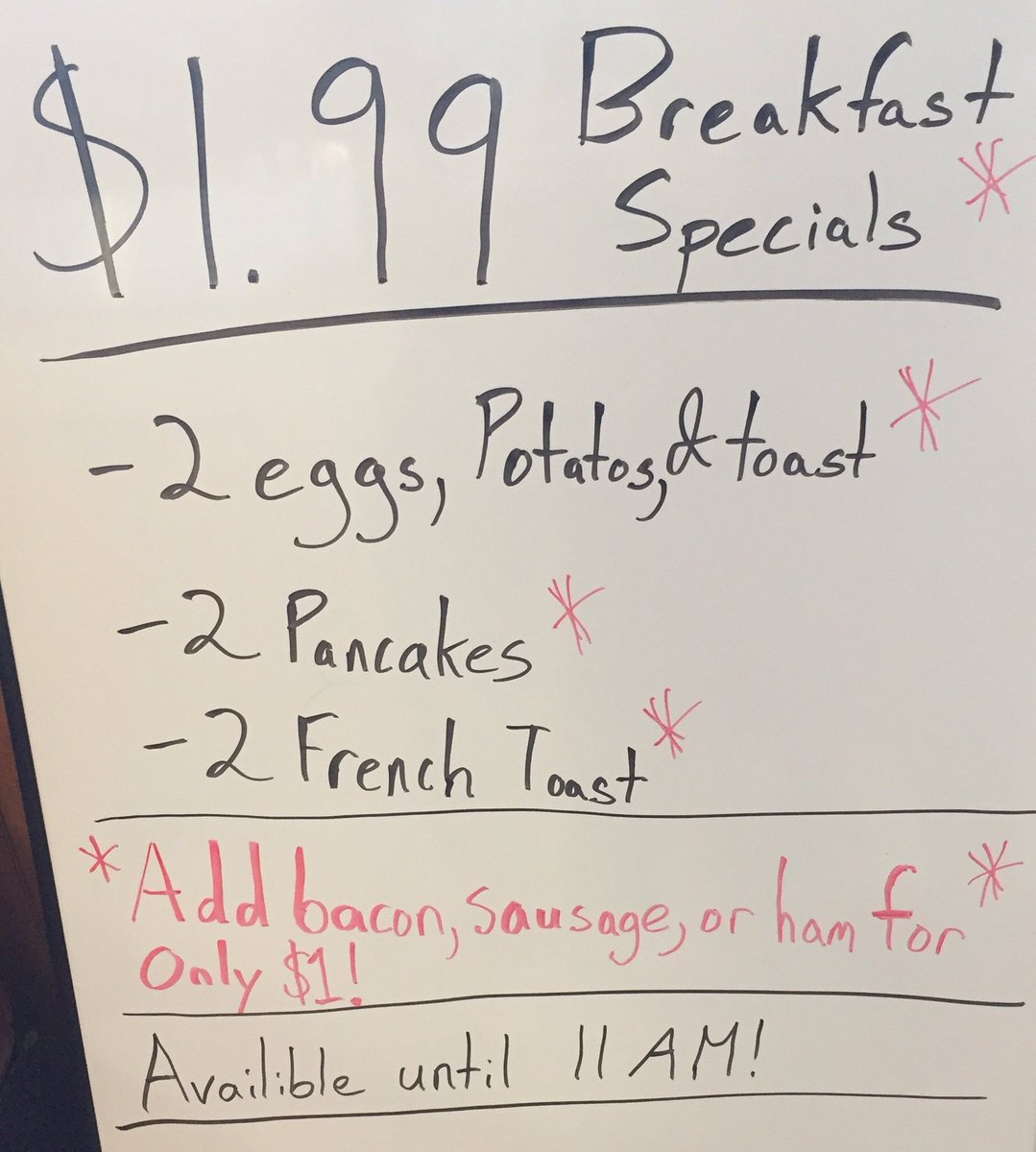 $1.99 Breakfast Specials. Add meat for only $1 more. Available until 11 AM! #FlavorsOnTheVine #MakeEastlakeGreatAgain!