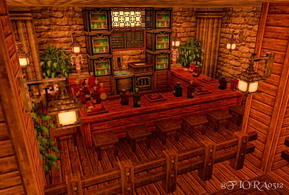ともこ マイクラ垢 酒場積んでました まだ一部のみですが 大広間 ほぼ完成 二階にあるbar Space 一階にある予約席が奥で 手前はキッチンと受付 ハルシオンデイズ Minecraft建築 マイクラ マインクラフト 魔法と剣の王国