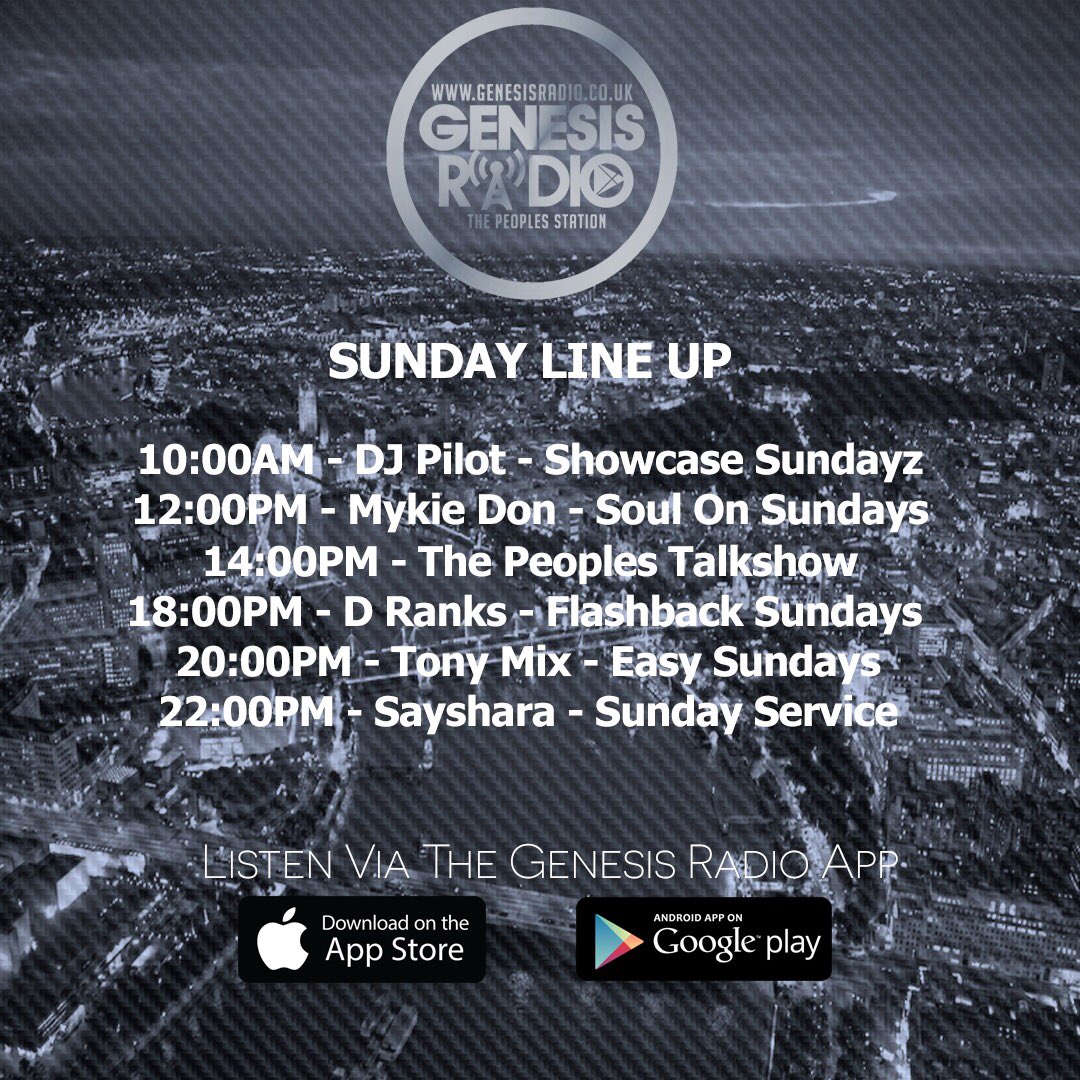 Genesis Radio - DJ/Presenter Line Up Today.
Listen Via; genesisradio.co.uk | Genesis Radio App | TuneIn Radio