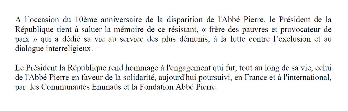 Franceinfo 10e Anniversaire De La Mort De L Abbe Pierre F Hollande Salue La Memoire D Un Frere Des Pauvres Et Provocateur De Paix T Co Icvx6nedjg Franceinfo 10e Anniversaire De La Mort De L Abbe Pierre F Hollande Salue La Memoire D Un Frere Des Pauvres Et Provocateur De Paix T Co Icvx6nedjg