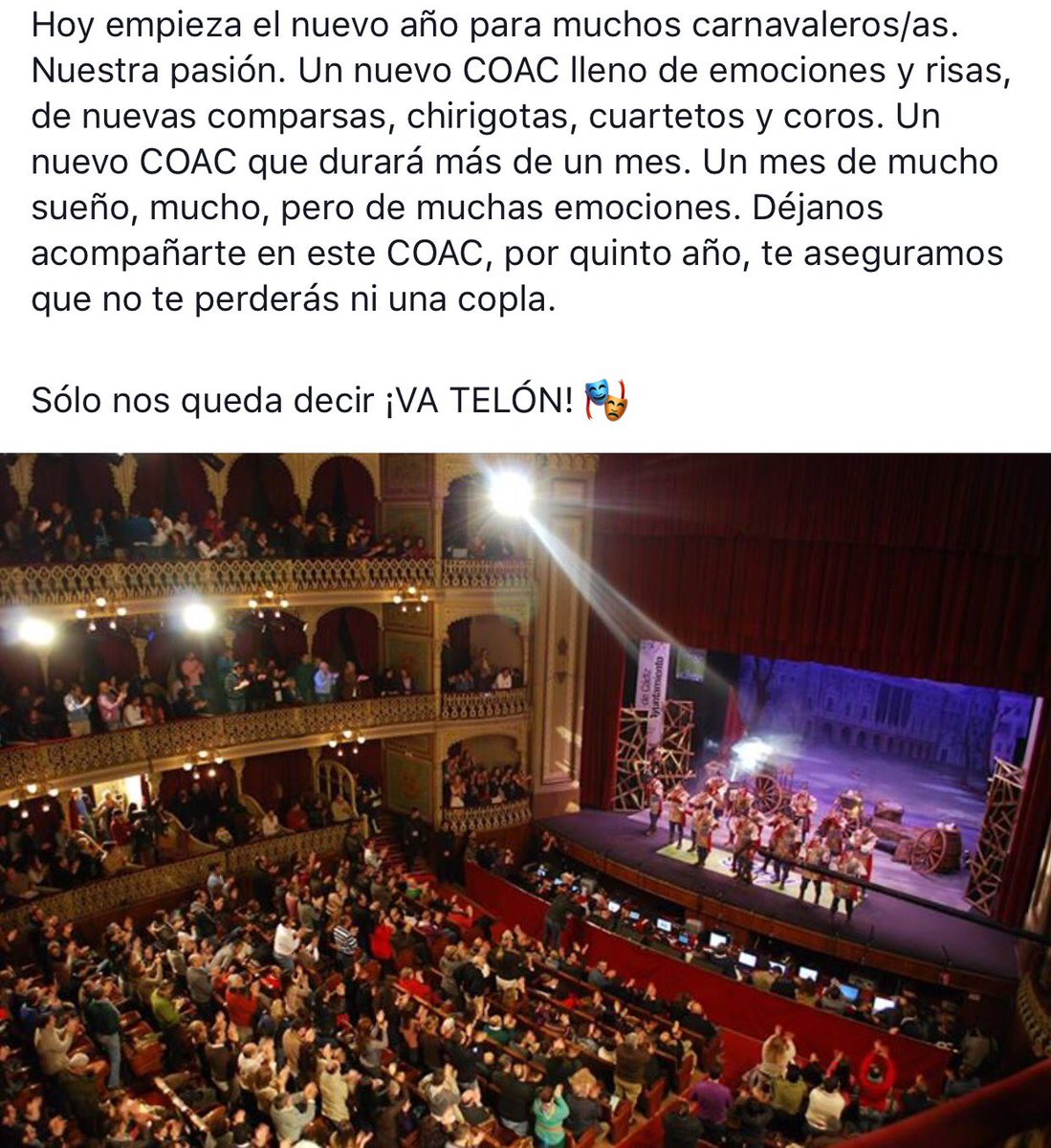 CarnavalCadizTV's tweet photo. Hoy comienza nuestro año, el de todos los carnavaleros. ¡VA TELÓN! 🎭 #COAC2017P1 https://t.co/uj7jcOCnCb