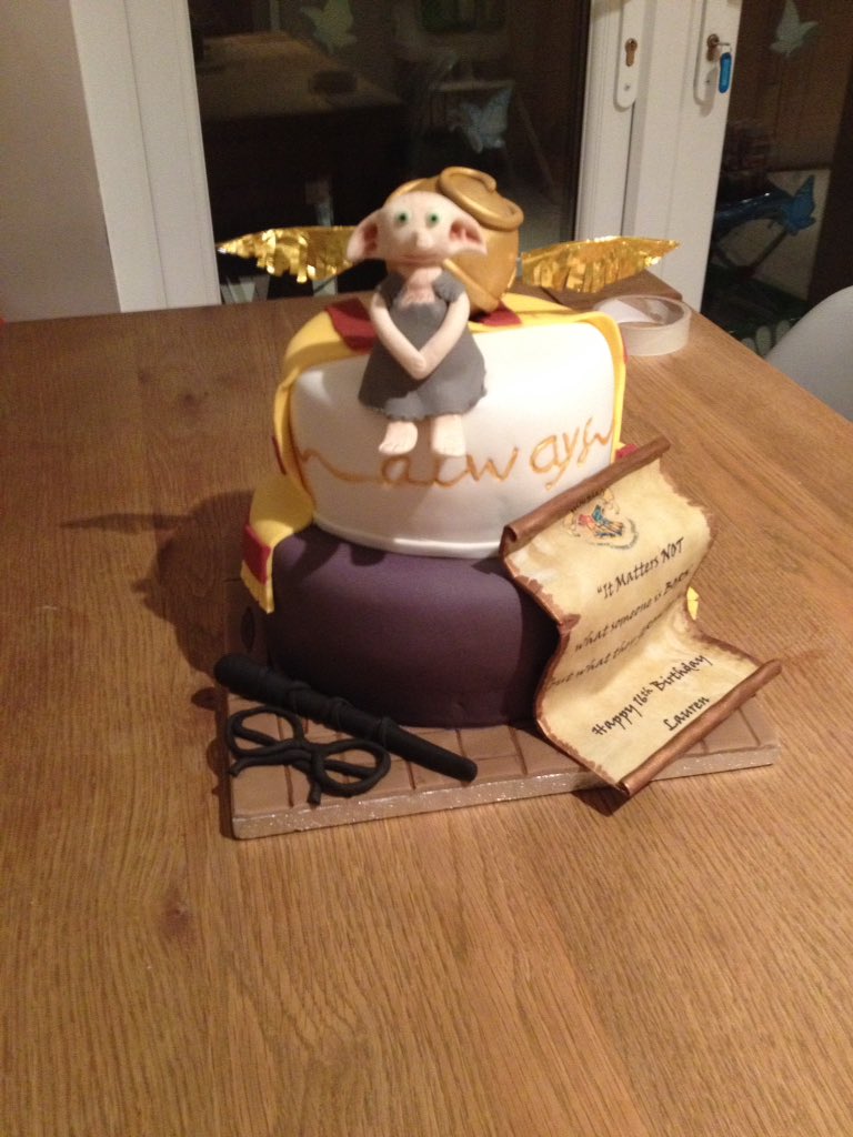 cake_gem's tweet image. Harry Potter themed 16th Birthday cake featuring all handmade decorations, glasses, wand, scroll, golden globe with wings &amp;amp; dobby elf
